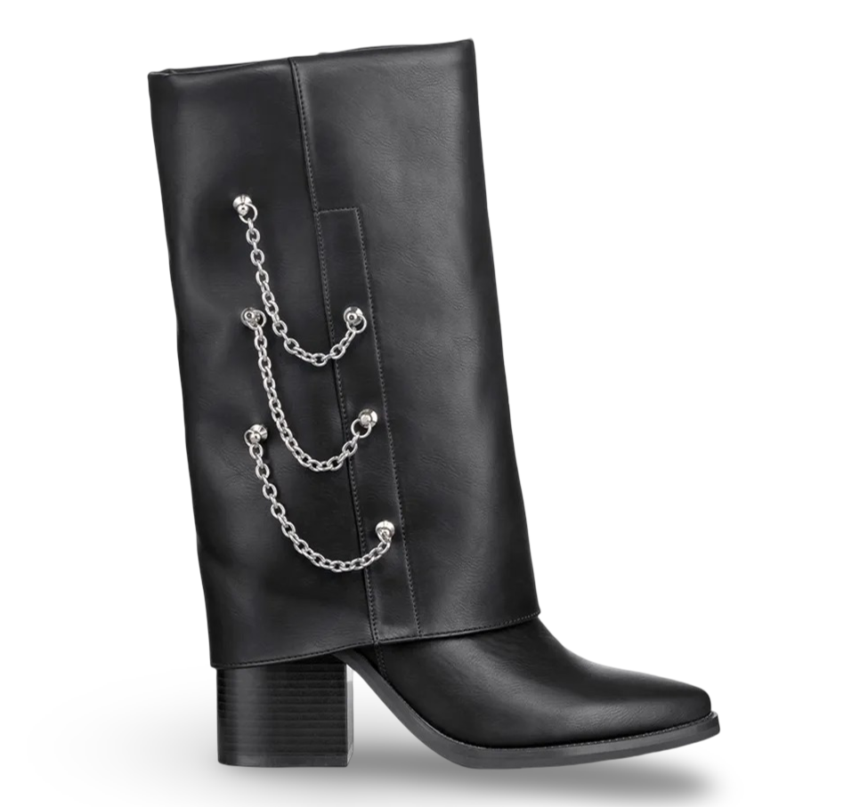 Botas Negras Anchas con Cadenillas de Lujo y Taco Medio 2627NG