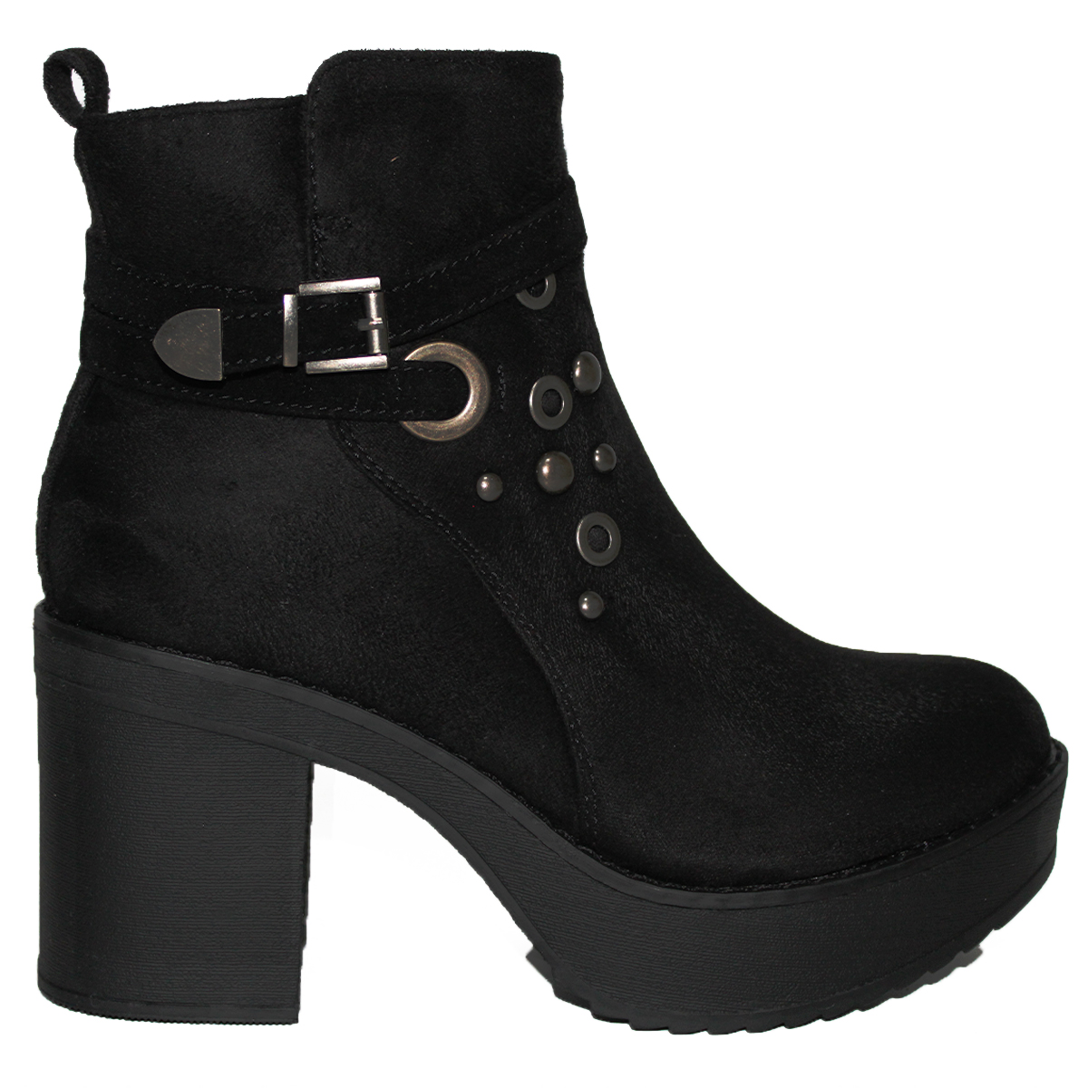 Botines en Gamuza Negra Taco Medio con Apliques y Hebilla 19-8NG