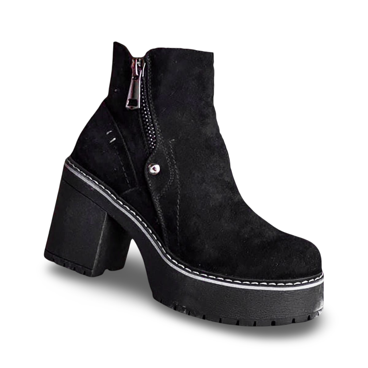 Botines en Gamuza Negra con Taco Medio y Cremallera 2205NG